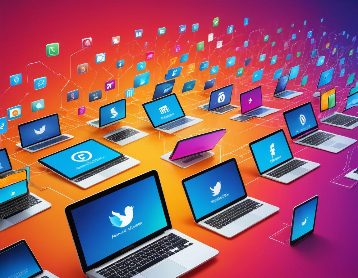 A visually engaging digital landscape featuring a diverse group of readers immersed in articles on various devices such as laptops, tablets, and smartphones. Include vibrant colors symbolizing connectivity and engagement, with digital elements like social media icons and networking symbols. Illustrate a pathway leading from the articles towards an audience, emphasizing growth and success in the digital realm. super-realistic. vibrant colors.