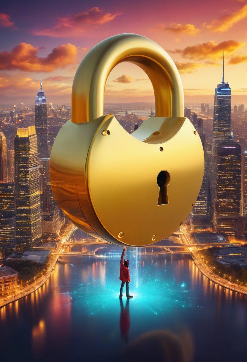 A captivating visual of a person unlocking a giant golden padlock that symbolizes success, surrounded by floating digital content like articles, videos, and social media icons. In the background, a vibrant city skyline shows a blend of technology and creativity. Bright colors and dynamic movement to convey energy and innovation. futuristic, super-realistic, vibrant colors.