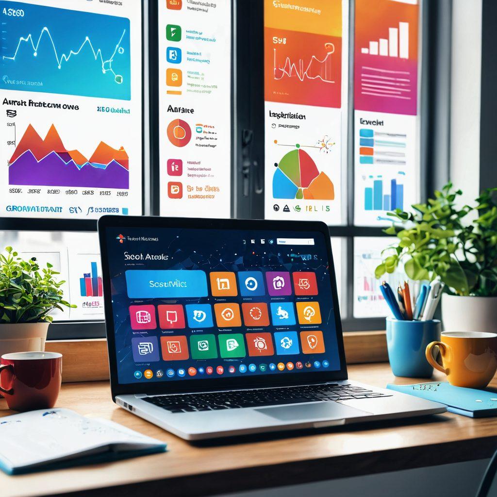 A digital workspace featuring a laptop displaying SEO analytics and social media icons bursting with vibrant color. Surrounding the workspace are elements like books, coffee cups, and graphs that signify growth and strategy. Light streams in through a window, creating an inspiring atmosphere. super-realistic. vibrant colors. 3D.